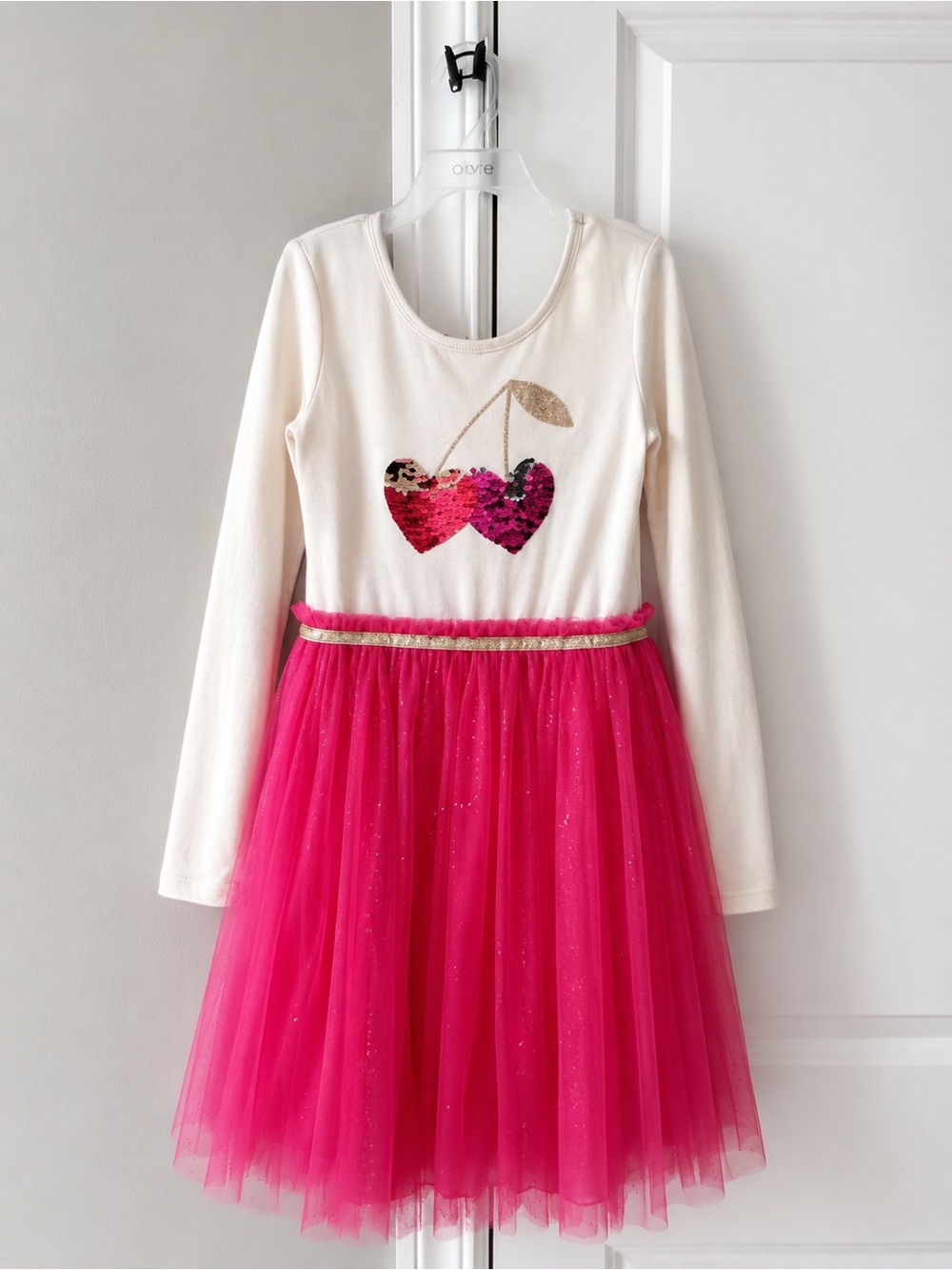Kids Sequin Cherry Tulle Dress - White & Hot Pink
